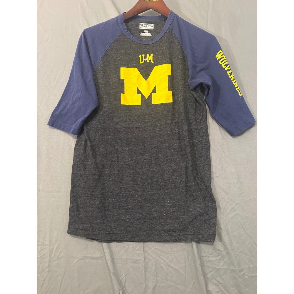 Majestic Michigan Wolverines Raglan Baseball‎ T-Shirt Gray Blue Mens Medium